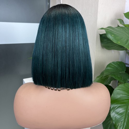 2x6 #1b/Green Colored Straight BOB Lace Closure Virgin Human Hair Wig | Human Hair Wig | Lace Front